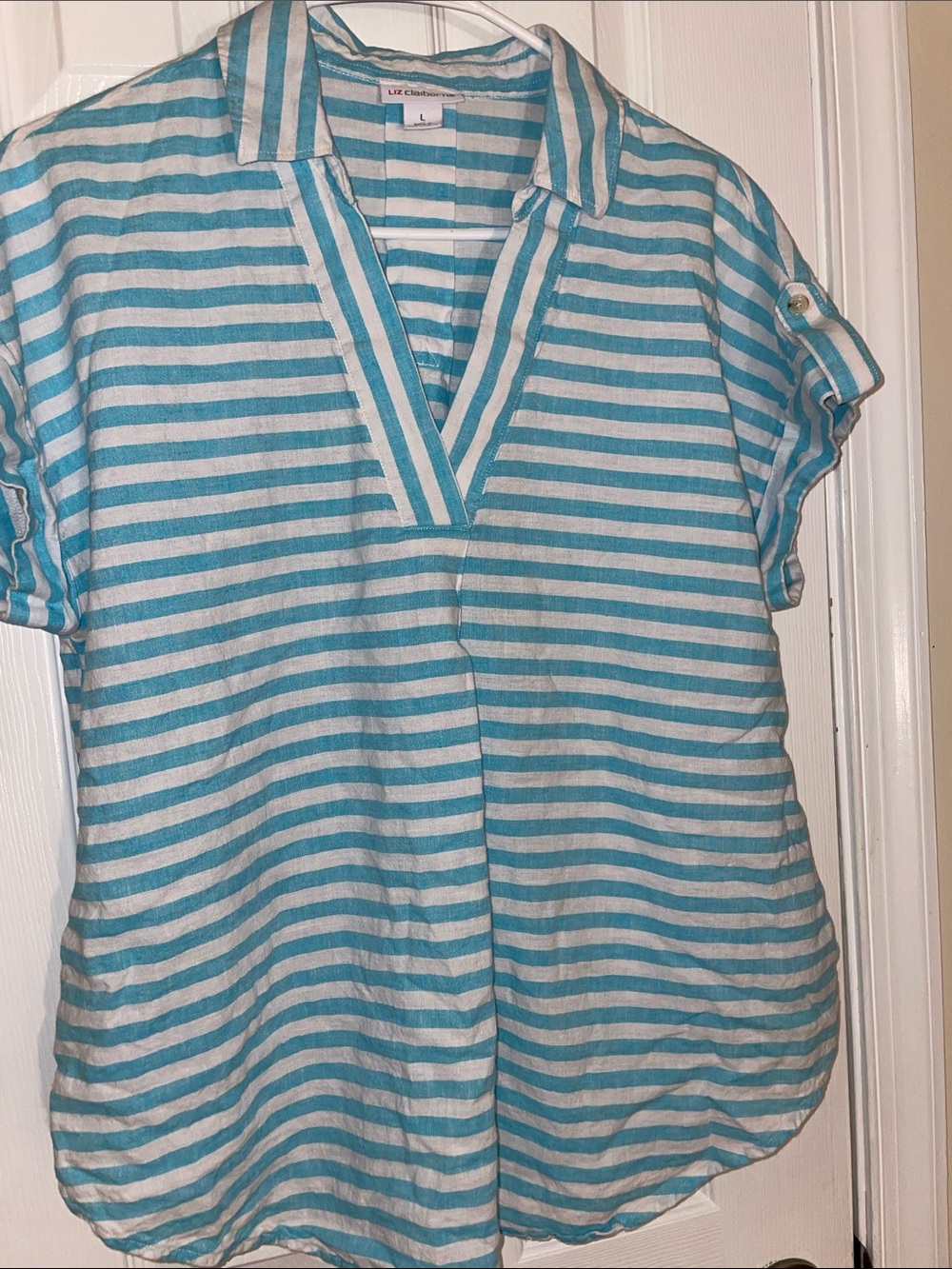 Liz Claiborne Aqua and White Striped Collared V-Neck Blouse L